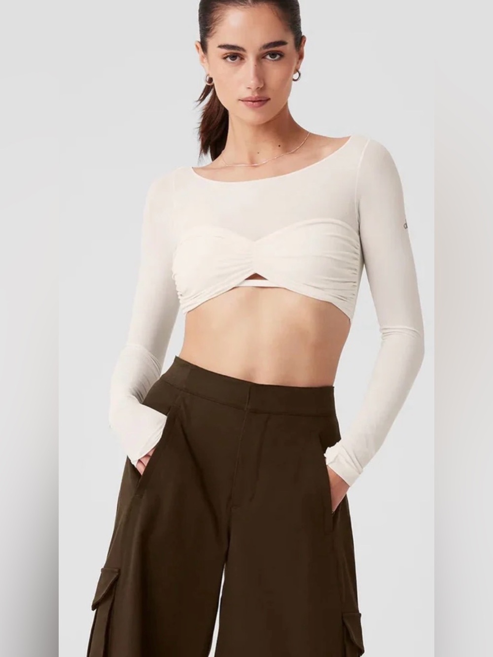 NWOT ALO Yoga Mesh Sheer Illusion Ivory Cropped Long Sleeve Top- Medium